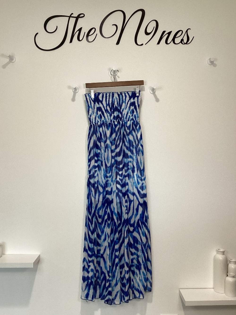 Venus Blue & White Smocked, Sheer Summer Maxi Tube Dress Medium NWOT